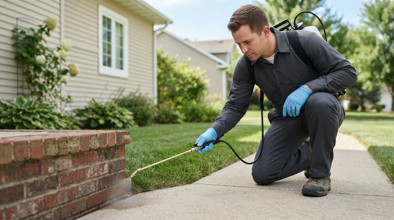Pest control technician treating a home near Inver Grove Heights, MN